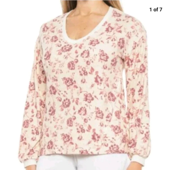 C&C California Floral V Neck Long Sleeve Soft Jersey Rib Knit Trim Size Medium - Picture 1 of 8